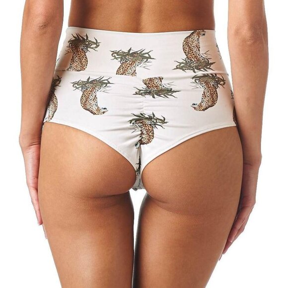 Montce Swim Cream Cheetah High Rise Cheeky Bikini Bottoms, Size Large - Picture 1 of 6